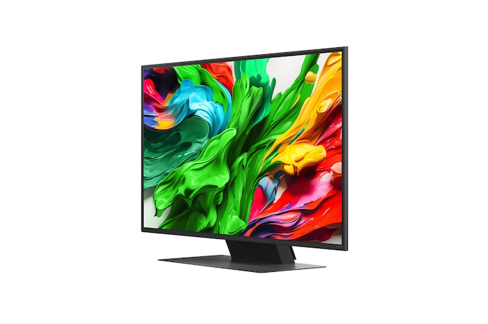 Frontansicht und Seitenansicht des LG QNED evo AI 4K Smart TV mit den Abmessungen Länge, Breite, Höhe und Tiefe.