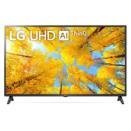 LG 43UQ75009LF Vorderansicht des LG UHD TV mit eingefügtem Bild und Produktlogo
