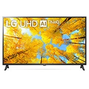 LG 43UQ75009LF Vorderansicht des LG UHD TV mit eingefügtem Bild und Produktlogo