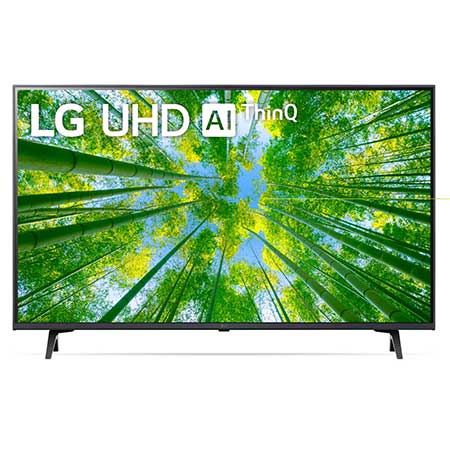 LG 43UQ80009LB Vorderansicht des LG UHD TV mit eingefügtem Bild und Produktlogo