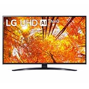 LG 43UQ91009LA Vorderansicht des LG UHD TV mit eingefügtem Bild und Produktlogo
