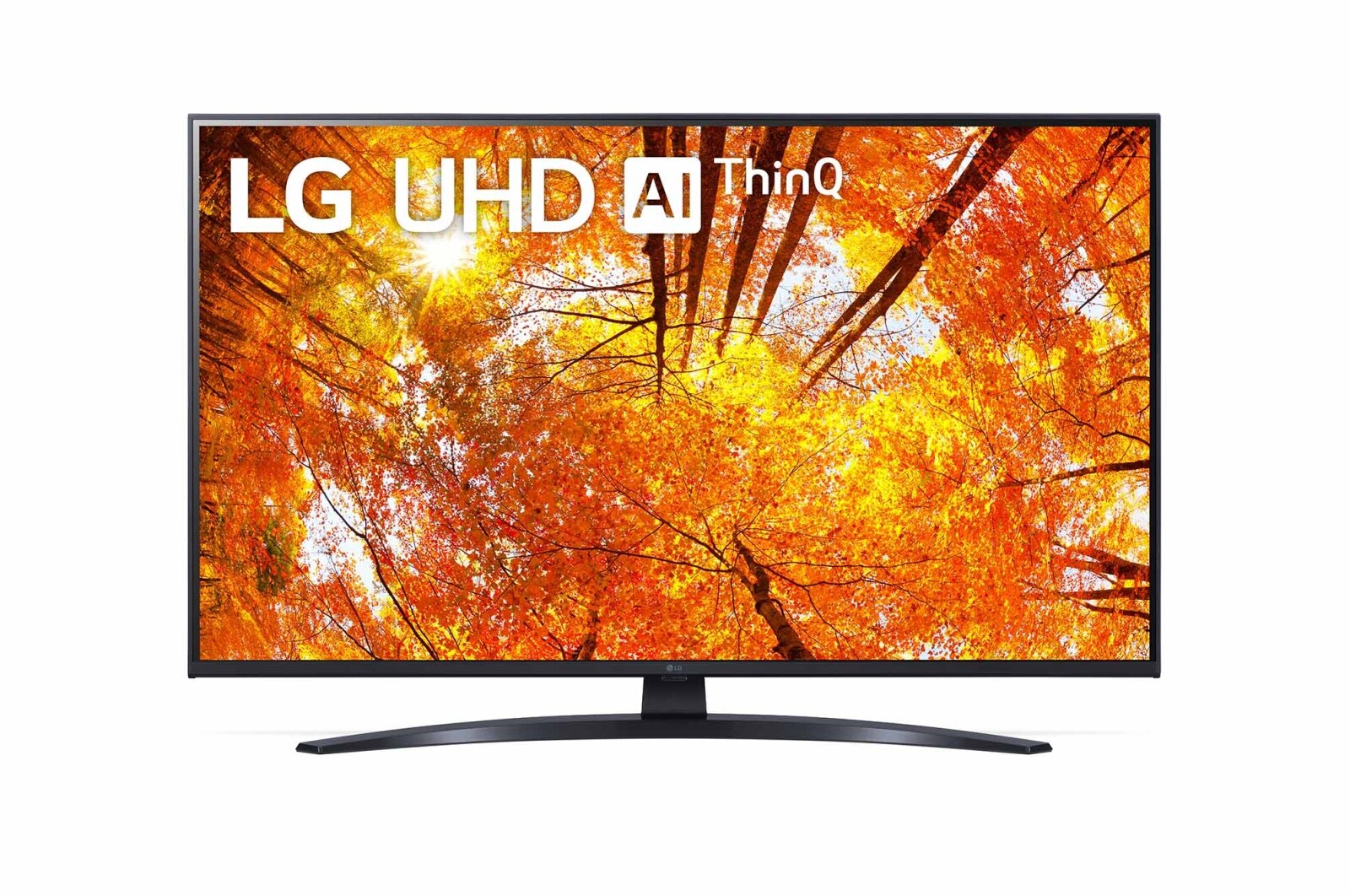 LG 43UQ91009LA Vorderansicht des LG UHD TV mit eingefügtem Bild und Produktlogo