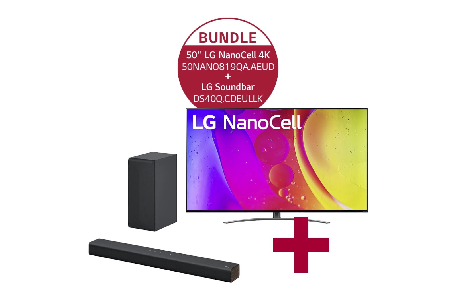 Vorderseite von 50NANO819QA 50&#39;&#39; LG NanoCell 4K TV NANO81 &amp; DS40Q 2.1 Soundbar mit 300 Watt | kabelloser Subwoofer 50NANO819QA.DS40Q
