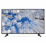 LG 43UQ76909LE Vorderansicht des LG UHD TV mit eingefügtem Bild und Produktlogo