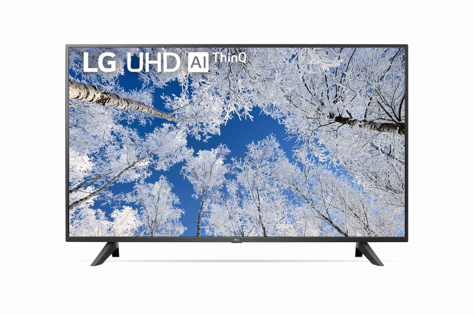 LG 43UQ76909LE Vorderansicht des LG UHD TV mit eingefügtem Bild und Produktlogo