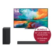 Vorderseite von 55'' LG 4K QNED TV QNED81 & 2.1 Dolby Atmos® Soundbar mit 300 Watt | kabelloser Subwoofer 55QNED816RE.DS60Q
