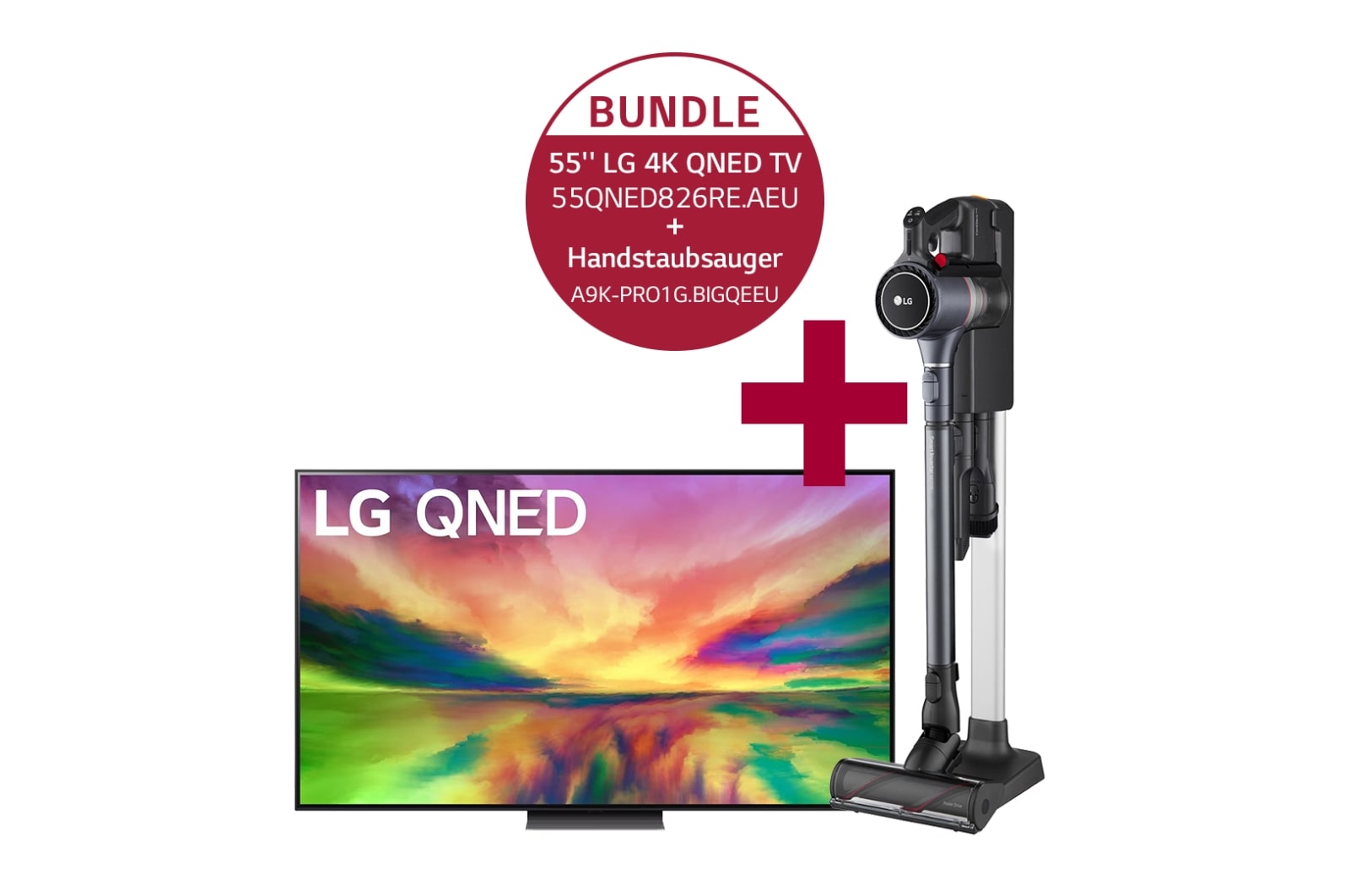 Vorderseite von 55QNED826RE 55&#39;&#39; LG 4K QNED TV QNED82 &amp; A9K-PRO1G Handstaubsauger mit zwei Akkus I Iron Grey I LG CordZero® A9K-PRO1G 55QNED826RE.A9KPRO1