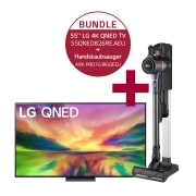 Vorderseite von 55QNED826RE 55&#39;&#39; LG 4K QNED TV QNED82 &amp; A9K-PRO1G Handstaubsauger mit zwei Akkus I Iron Grey I LG CordZero® A9K-PRO1G 55QNED826RE.A9KPRO1