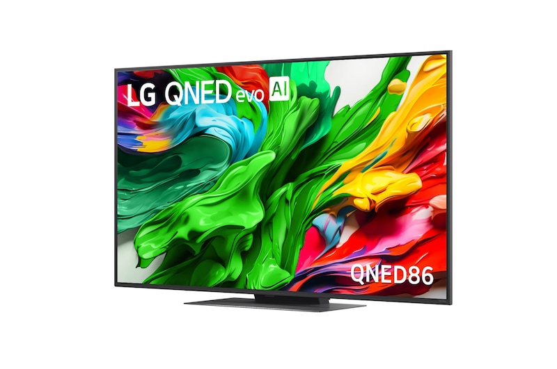 Leicht abgewinkelte Seitenansicht des LG QNED evo TV von rechts