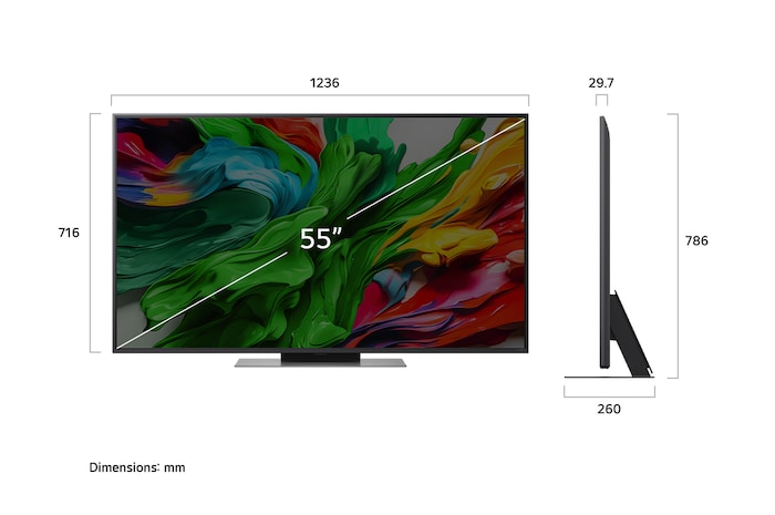 Frontansicht und Seitenansicht des LG QNED evo AI 4K Smart TV mit den Abmessungen Länge, Breite, Höhe und Tiefe.