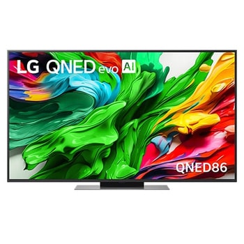 Frontansicht des LG QNED evo TV, LG QNED evo Al Logo in der oberen Ecke. LG QNED evo TV zeigt bunte Paintike-Texturen, die zusammenkommen.
