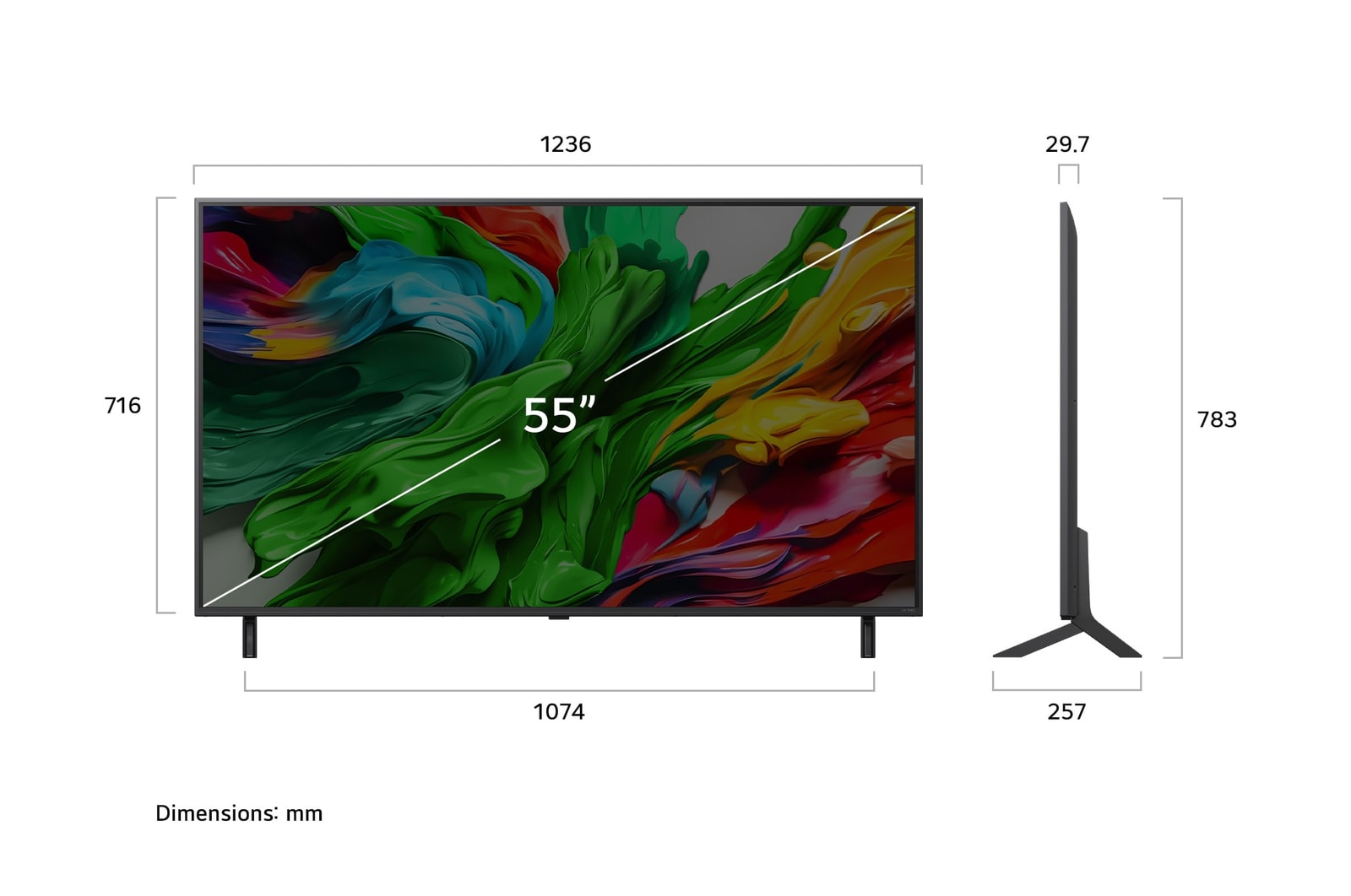 Frontansicht und Seitenansicht des LG QNED evo AI 4K Smart TV mit den Abmessungen Länge, Breite, Höhe und Tiefe.