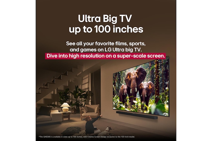 Ein Mädchen und ein Hund sitzen vor einem LG QNED-Fernseher, der an einer Wand montiert ist und drei Elefanten zeigt, die über einer LG Soundbar nach außen laufen. Der Titel spricht davon, dass jede Aktion auf einem großen Bildschirm noch spannender ist.