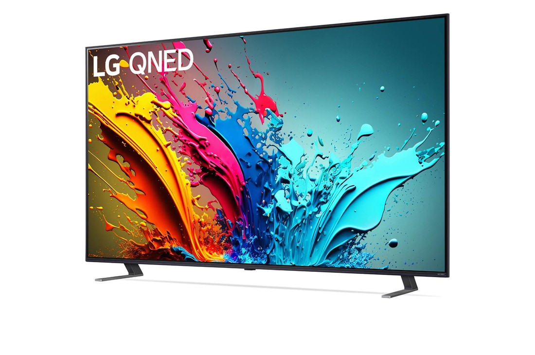Leicht abgewinkelte Seitenansicht des LG QNED TV, QNED85