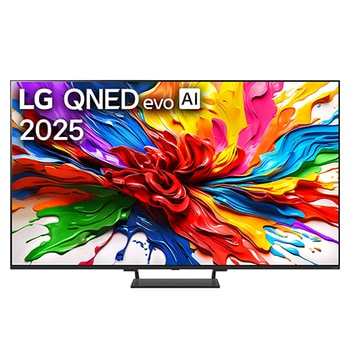 Frontansicht des LG QNED evo TV, LG QNED evo Al Logo in der oberen Ecke. LG QNED evo TV zeigt bunte Paintike-Texturen, die zusammenkommen.