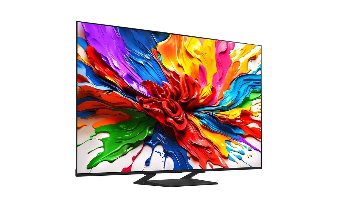 Leicht abgewinkelte Seitenansicht des LG QNED evo TV von rechts