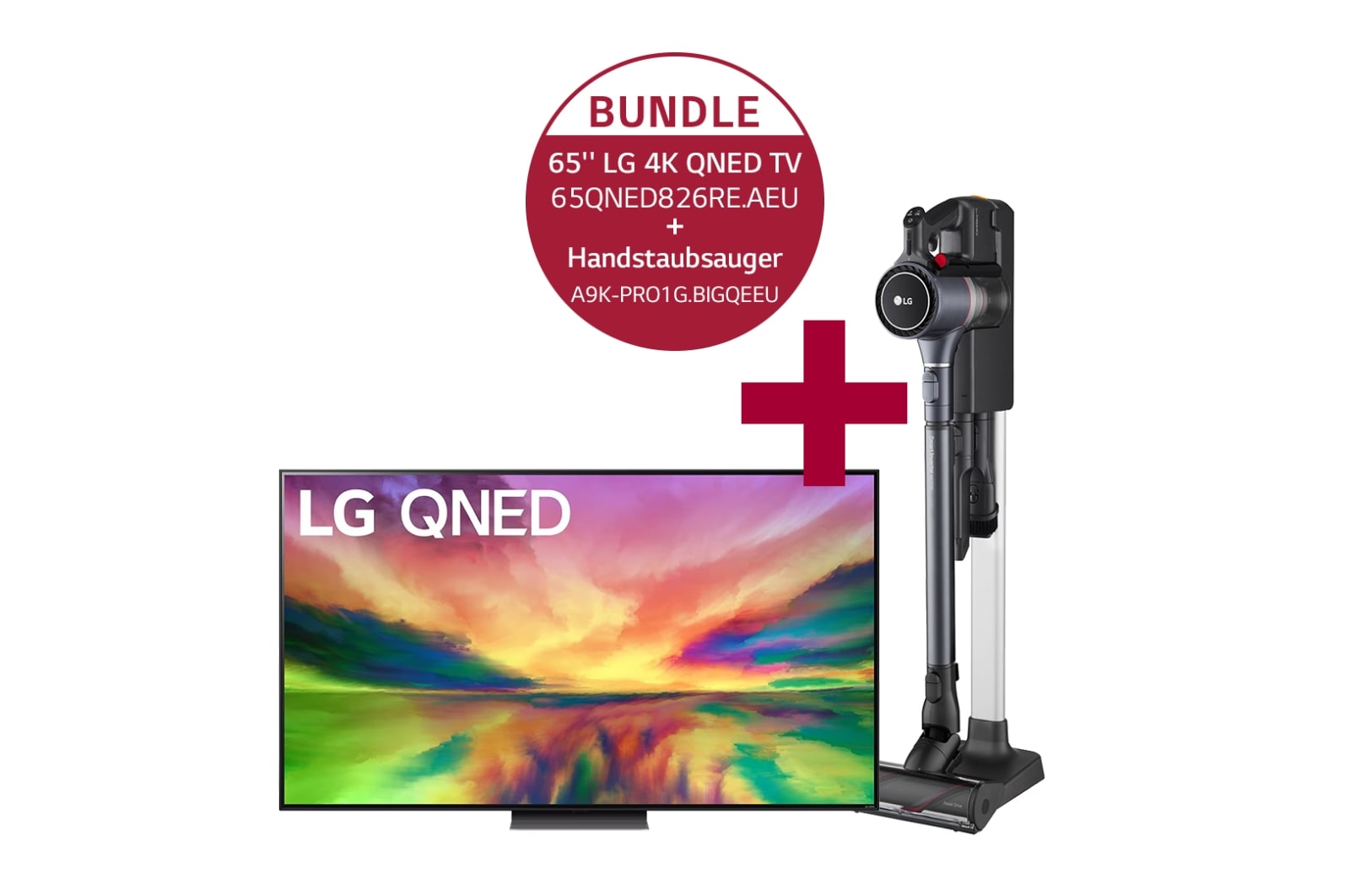 Vorderseite von 65QNED826RE 65&#39;&#39; LG 4K QNED TV QNED82 &amp; A9K-PRO1G Handstaubsauger mit zwei Akkus I Iron Grey I LG CordZero® A9K-PRO1G 65QNED826RE.A9KPRO1