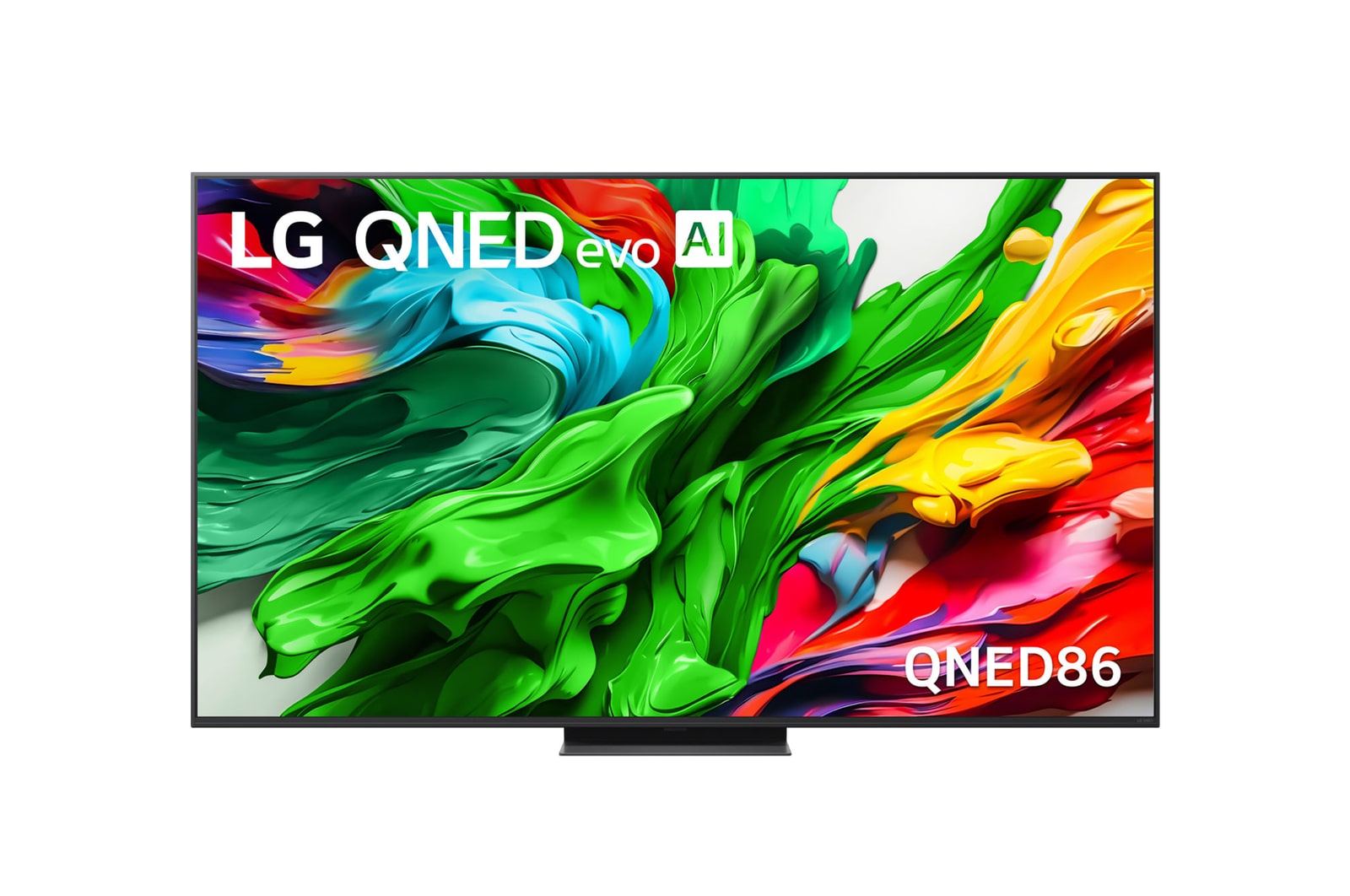 Frontansicht des LG QNED evo TV, LG QNED evo Al Logo in der oberen Ecke. LG QNED evo TV zeigt bunte Paintike-Texturen, die zusammenkommen.