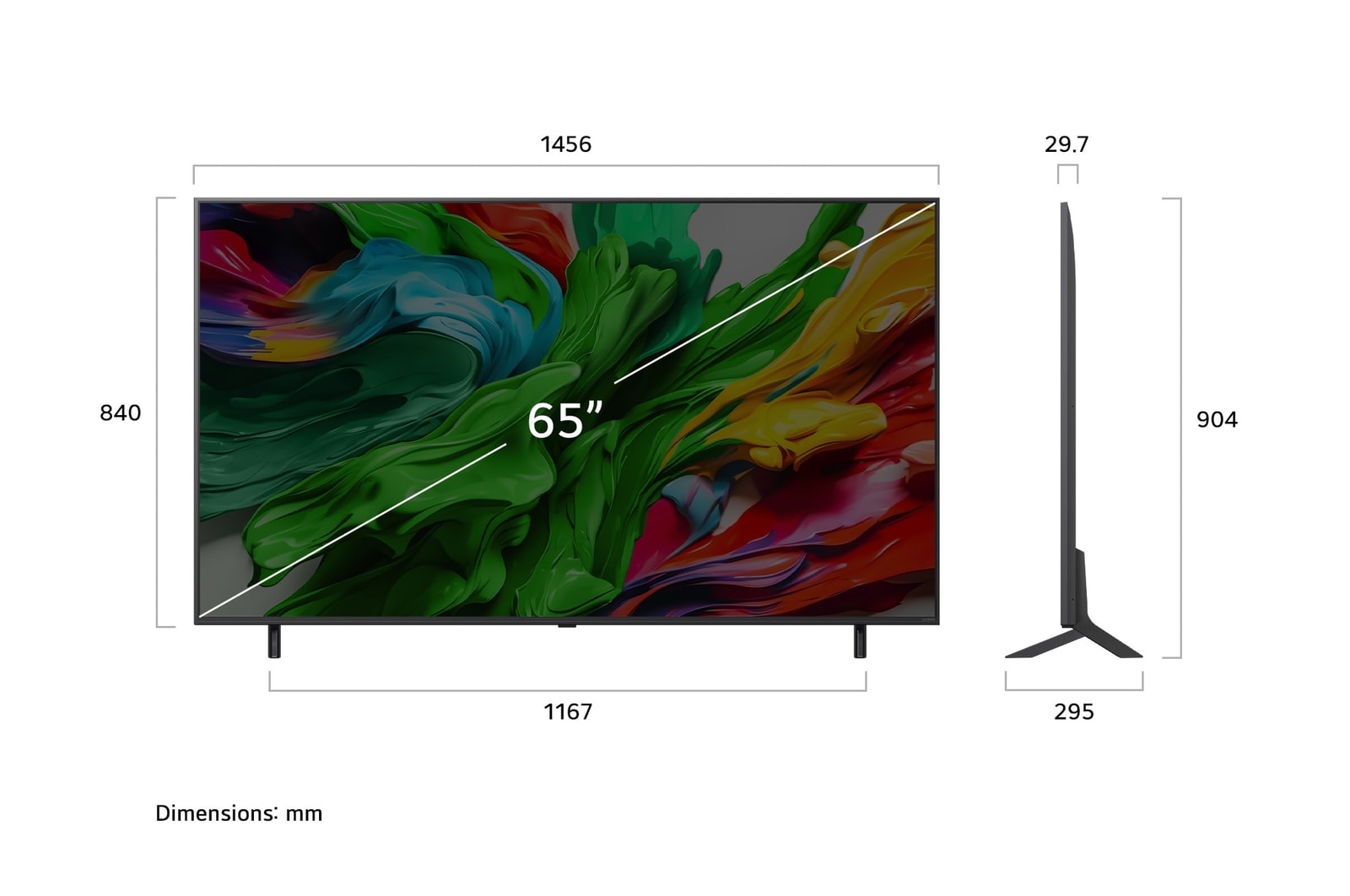 Frontansicht und Seitenansicht des LG QNED evo AI 4K Smart TV mit den Abmessungen Länge, Breite, Höhe und Tiefe.