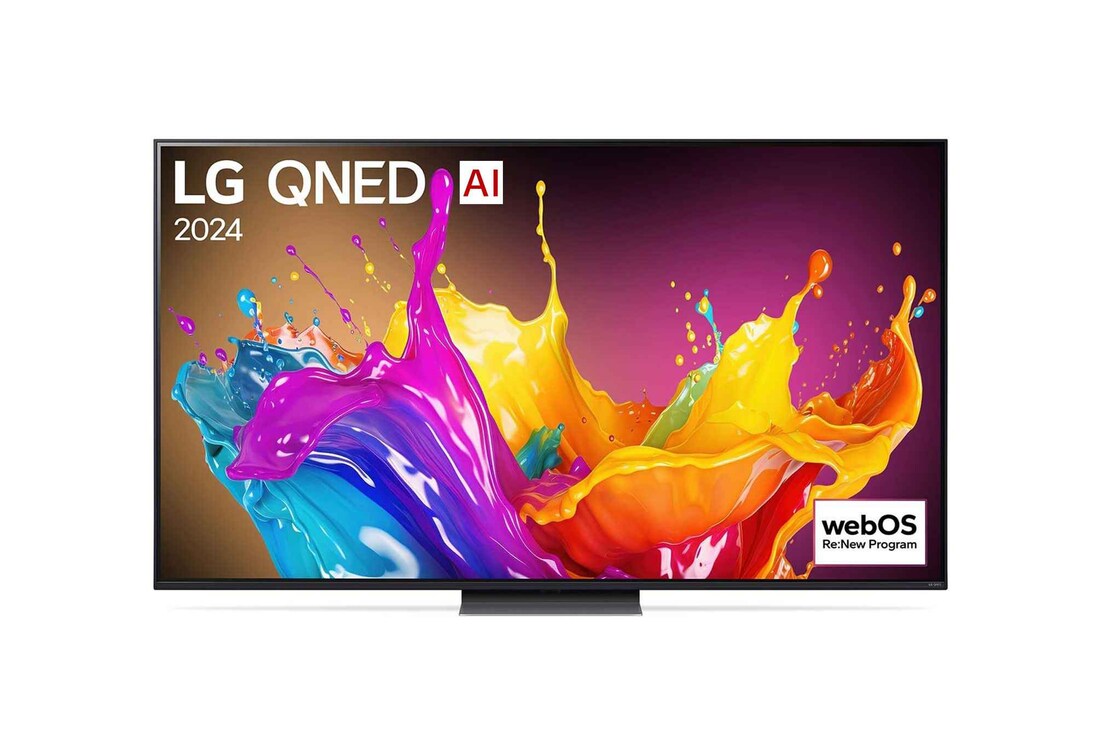 Ansicht der Vorderseite des LG QNED TV, QNED86 mit Text LG QNED und 2024 auf dem Bildschirm
