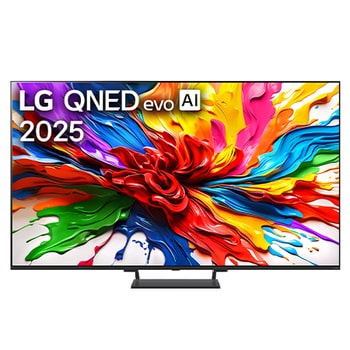 Frontansicht des LG QNED evo TV, LG QNED evo Al Logo in der oberen Ecke. LG QNED evo TV zeigt bunte Paintike-Texturen, die zusammenkommen.