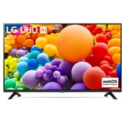 Vorderansicht des LG UHD TV, UT73 mit Text von LG UHD AI ThinQ und 2024 auf dem Bildschirm