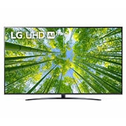 LG 70UQ81009LB Vorderansicht des LG UHD TV mit eingefügtem Bild und Produktlogo