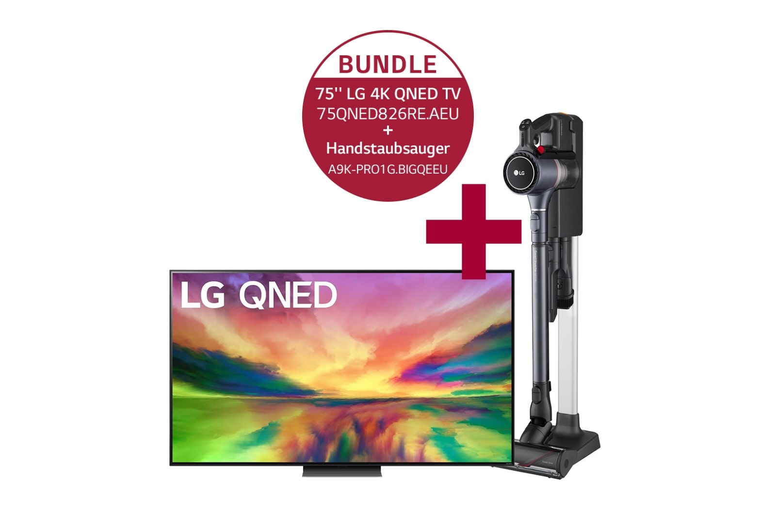Vorderseite von 75QNED826RE 75&#39;&#39; LG 4K QNED TV QNED82 &amp; A9K-PRO1G Handstaubsauger mit zwei Akkus I Iron Grey I LG CordZero® A9K-PRO1G 75QNED826RE.A9KPRO1