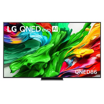 Frontansicht des LG QNED evo TV, LG QNED evo Al Logo in der oberen Ecke. LG QNED evo TV zeigt bunte Paintike-Texturen, die zusammenkommen.
