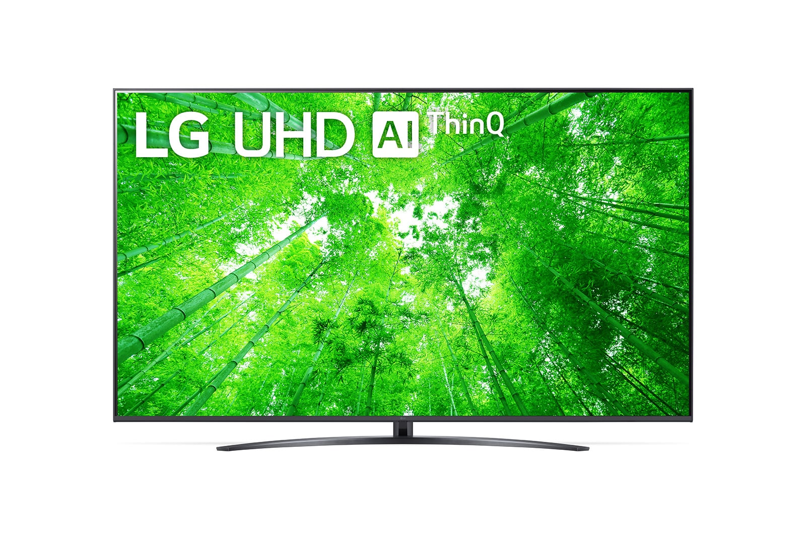 LG 75UQ81009LB  Vorderansicht des LG UHD TV mit eingefügtem Bild und Produktlogo