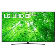 LG 75UQ81009LB  Vorderansicht des LG UHD TV mit eingefügtem Bild und Produktlogo