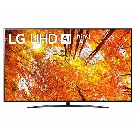 LG 75UQ91009LA Vorderansicht des LG UHD TV mit eingefügtem Bild und Produktlogo