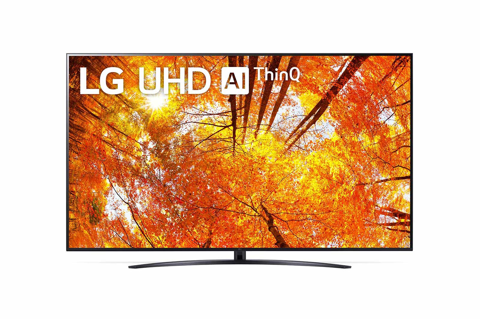LG 75UQ91009LA Vorderansicht des LG UHD TV mit eingefügtem Bild und Produktlogo