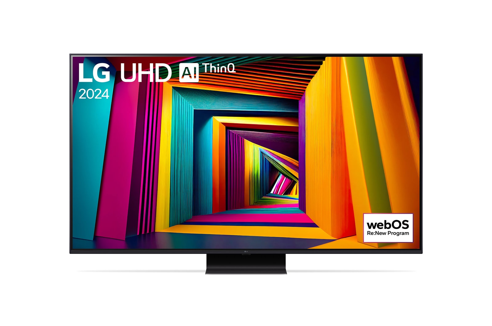 Vorderansicht des LG UHD Fernsehers, UT90 mit Text von LG UHD AI ThinQ und 2024 auf dem Bildschirm