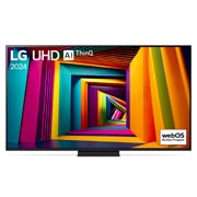 Vorderansicht des LG UHD Fernsehers, UT90 mit Text von LG UHD AI ThinQ und 2024 auf dem Bildschirm