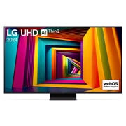 Vorderansicht des LG UHD Fernsehers, UT90 mit Text von LG UHD AI ThinQ und 2024 auf dem Bildschirm