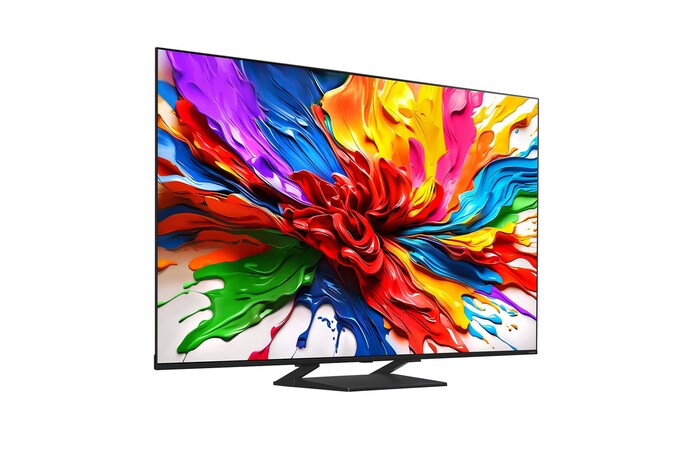 Leicht abgewinkelte Seitenansicht des LG QNED evo TV von rechts