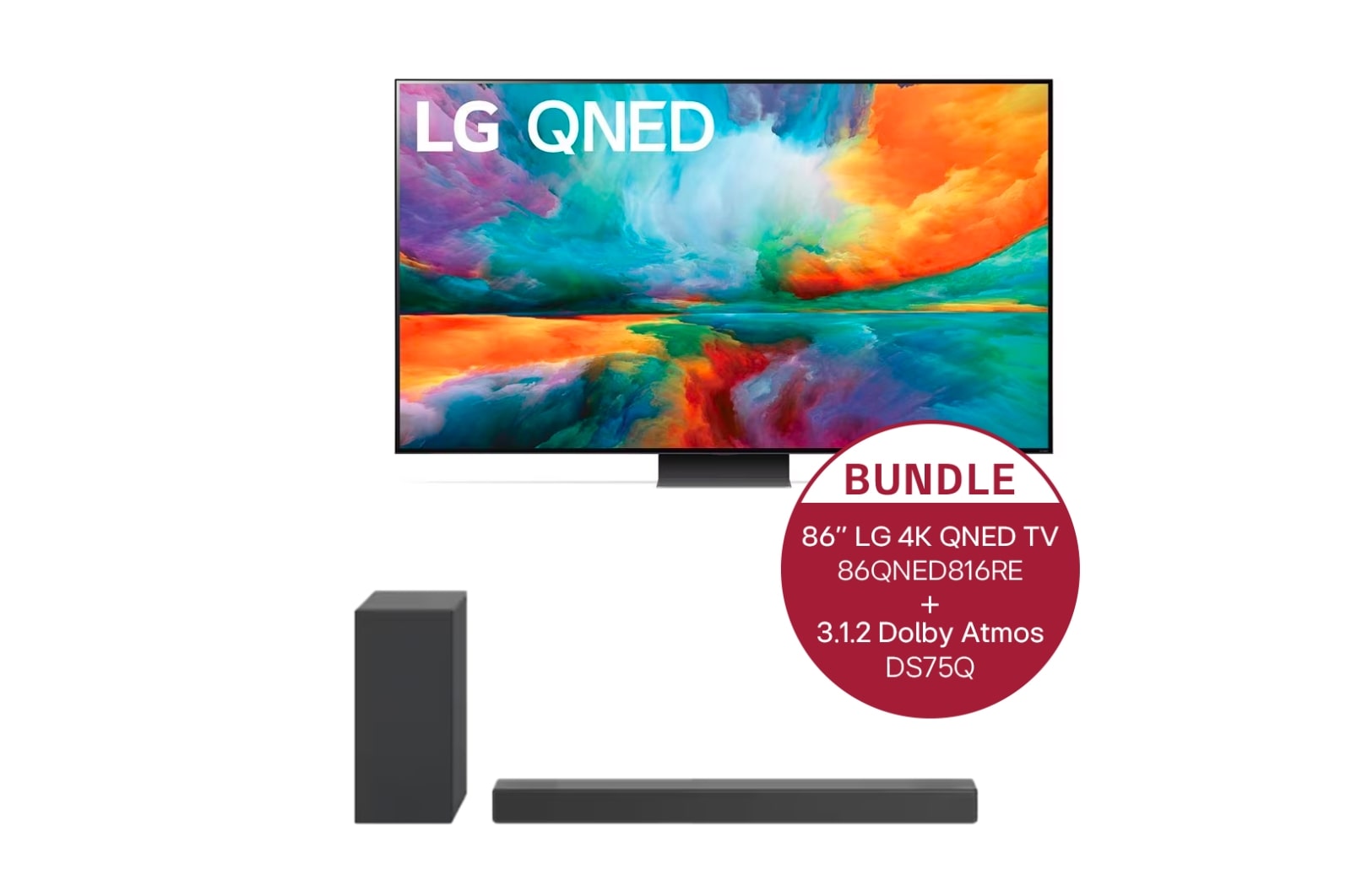 Vorderseite von 86'' LG 4K QNED TV QNED81 86QNED816RE & 3.1.2 Dolby Atmos® Soundbar mit 380 Watt | kabelloser Subwoofer  DS75Q 86QNED816RE.DS75Q