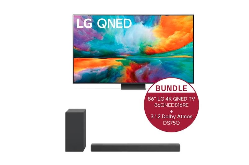 Vorderseite von 86'' LG 4K QNED TV QNED81 86QNED816RE & 3.1.2 Dolby Atmos® Soundbar mit 380 Watt | kabelloser Subwoofer  DS75Q 86QNED816RE.DS75Q