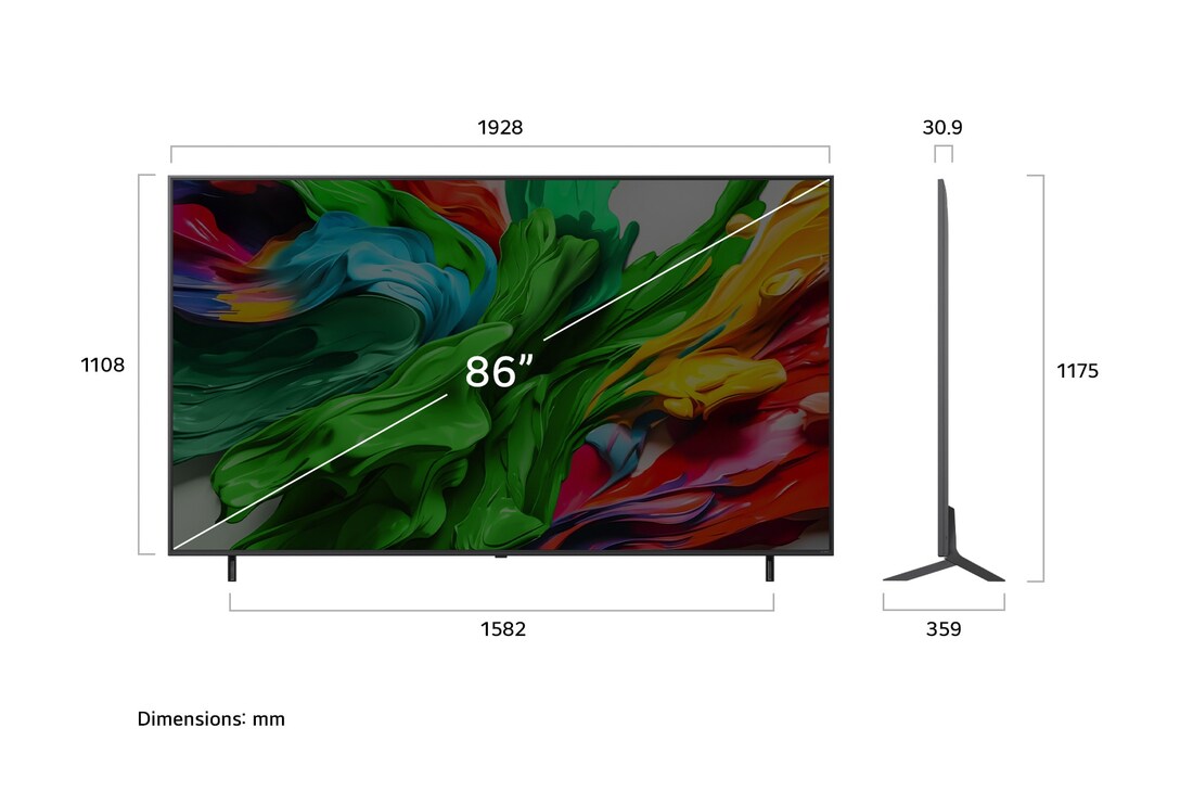 Frontansicht und Seitenansicht des LG QNED evo AI 4K Smart TV mit den Abmessungen Länge, Breite, Höhe und Tiefe.