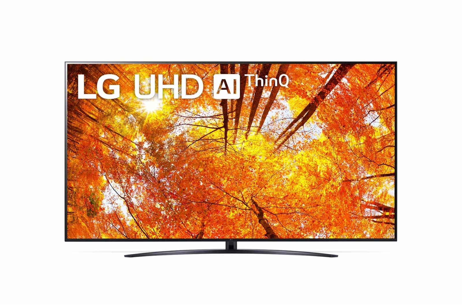 LG 86UQ91006LA Vorderansicht des LG UHD TV mit eingefügtem Bild und Produktlogo