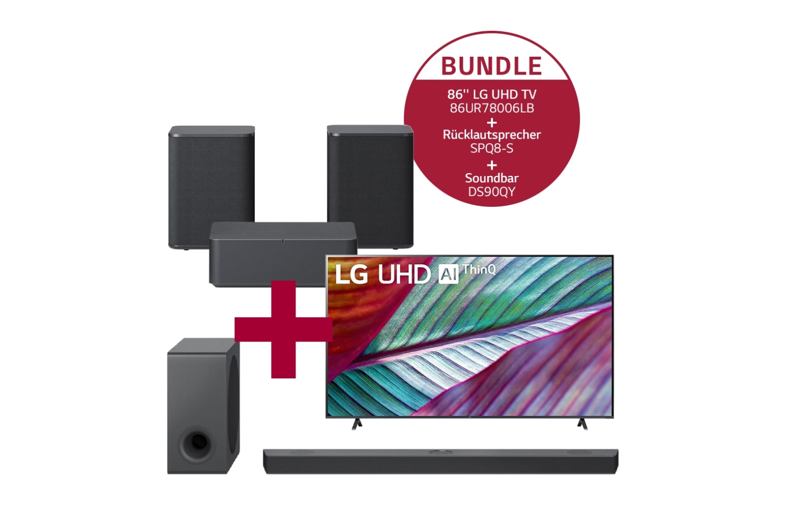 Vorderseite von 86UR78006LB 86&#39;&#39; LG UHD TV UR78 &amp; SPQ8-S 2.0 Rücklautsprecher mit 140 Watt |  Kompatibel mit Soundbars DS90QY und DS80QY | Wireless-Anbindung &amp;  DS90QY 5.1.3 Dolby Atmos® Soundbar mit 570 Watt | kabelloser Subwoofer 86UR78-SPQ8.DS90QY
