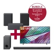 Vorderseite von 86UR78006LB 86&#39;&#39; LG UHD TV UR78 &amp; SPQ8-S 2.0 Rücklautsprecher mit 140 Watt |  Kompatibel mit Soundbars DS90QY und DS80QY | Wireless-Anbindung &amp;  DS90QY 5.1.3 Dolby Atmos® Soundbar mit 570 Watt | kabelloser Subwoofer 86UR78-SPQ8.DS90QY