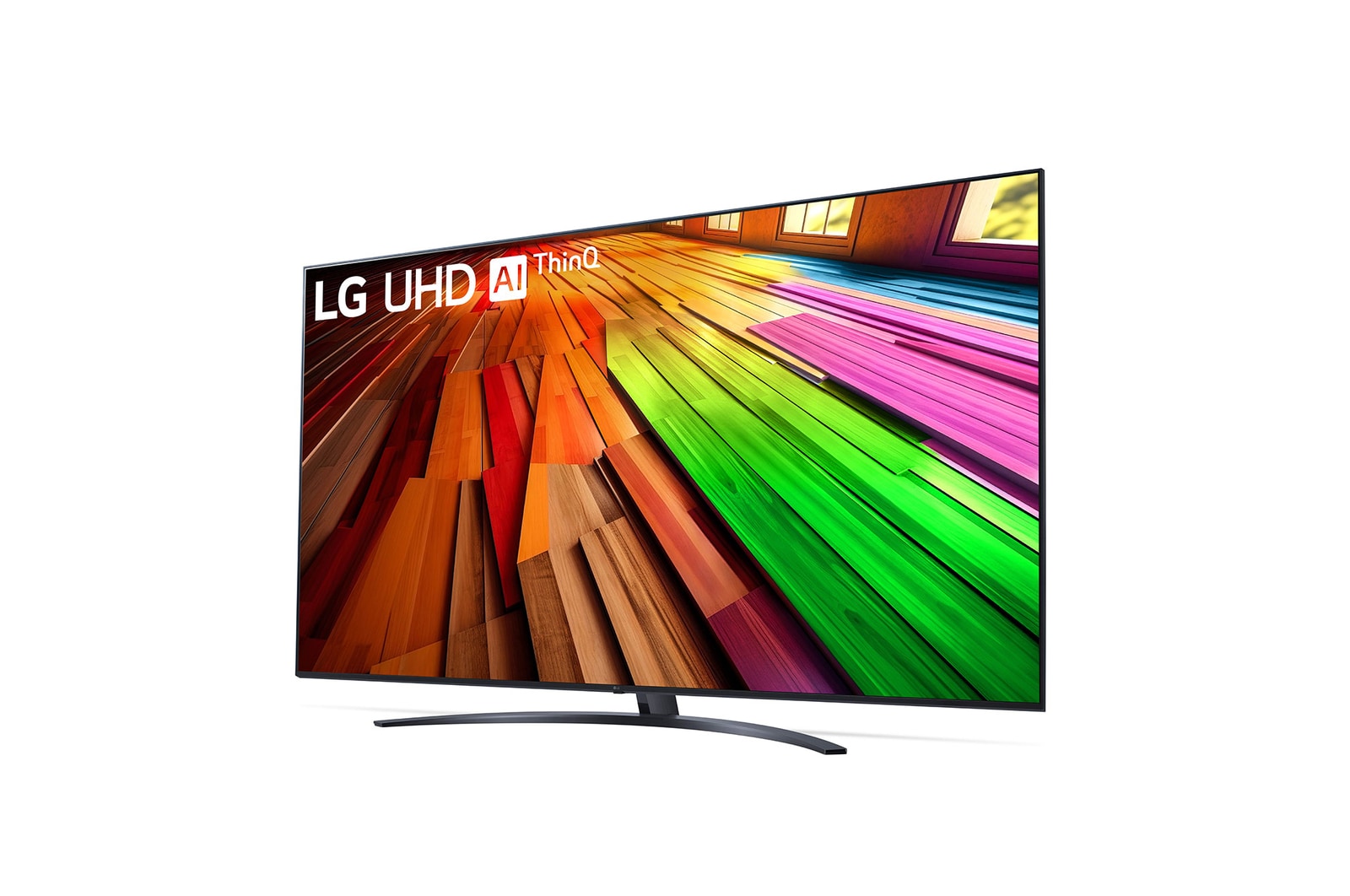 Leicht geneigte, nach links gerichtete Seitenansicht ansicht des LG UHD TV, UT80