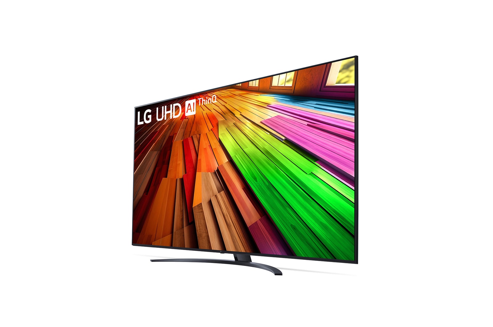Leicht geneigte, nach links gerichtete Seitenansicht ansicht des LG UHD TV, UT80