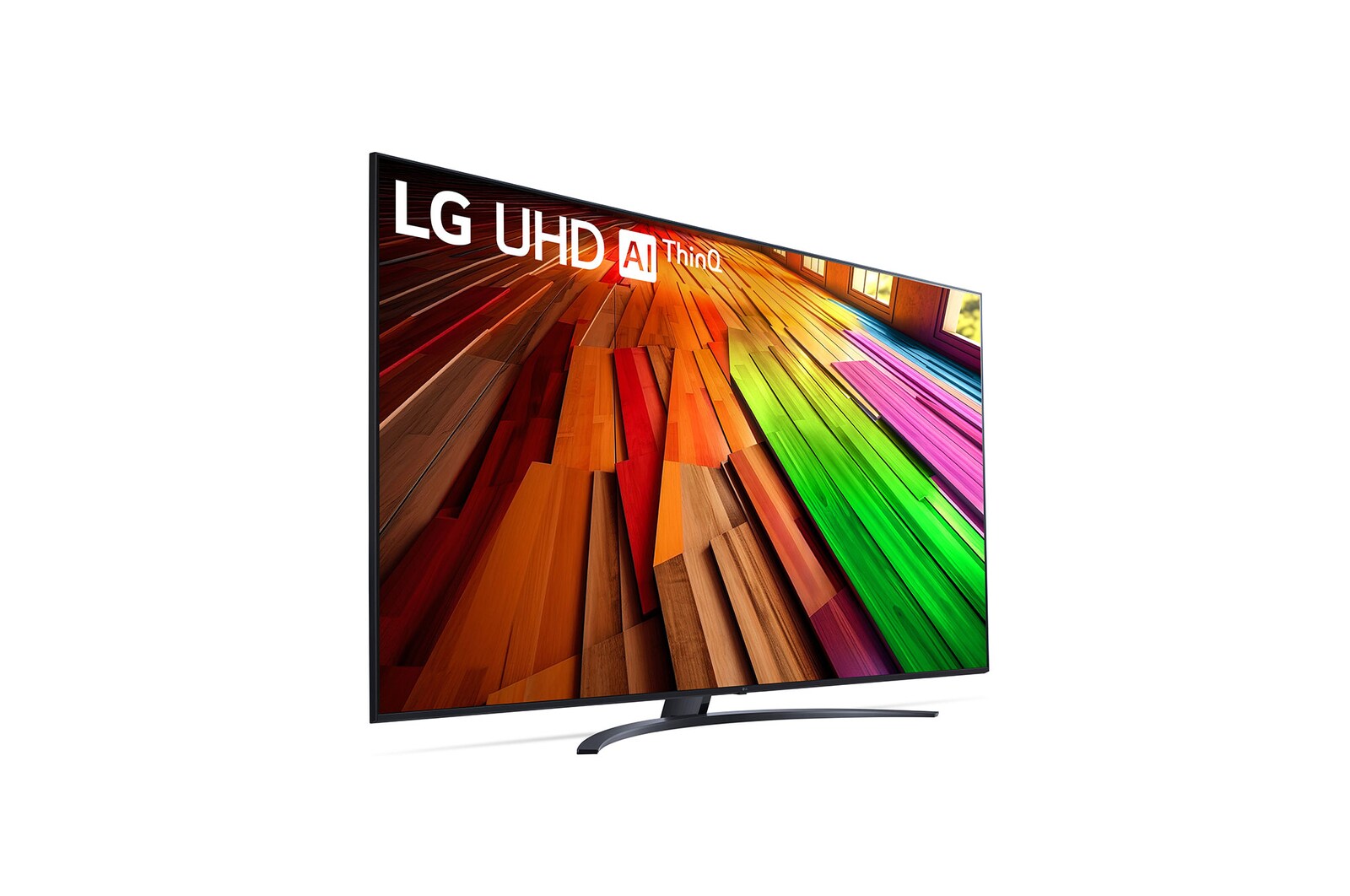 Leicht geneigte, nach links gerichtete Seitenansicht ansicht des LG UHD TV, UT80