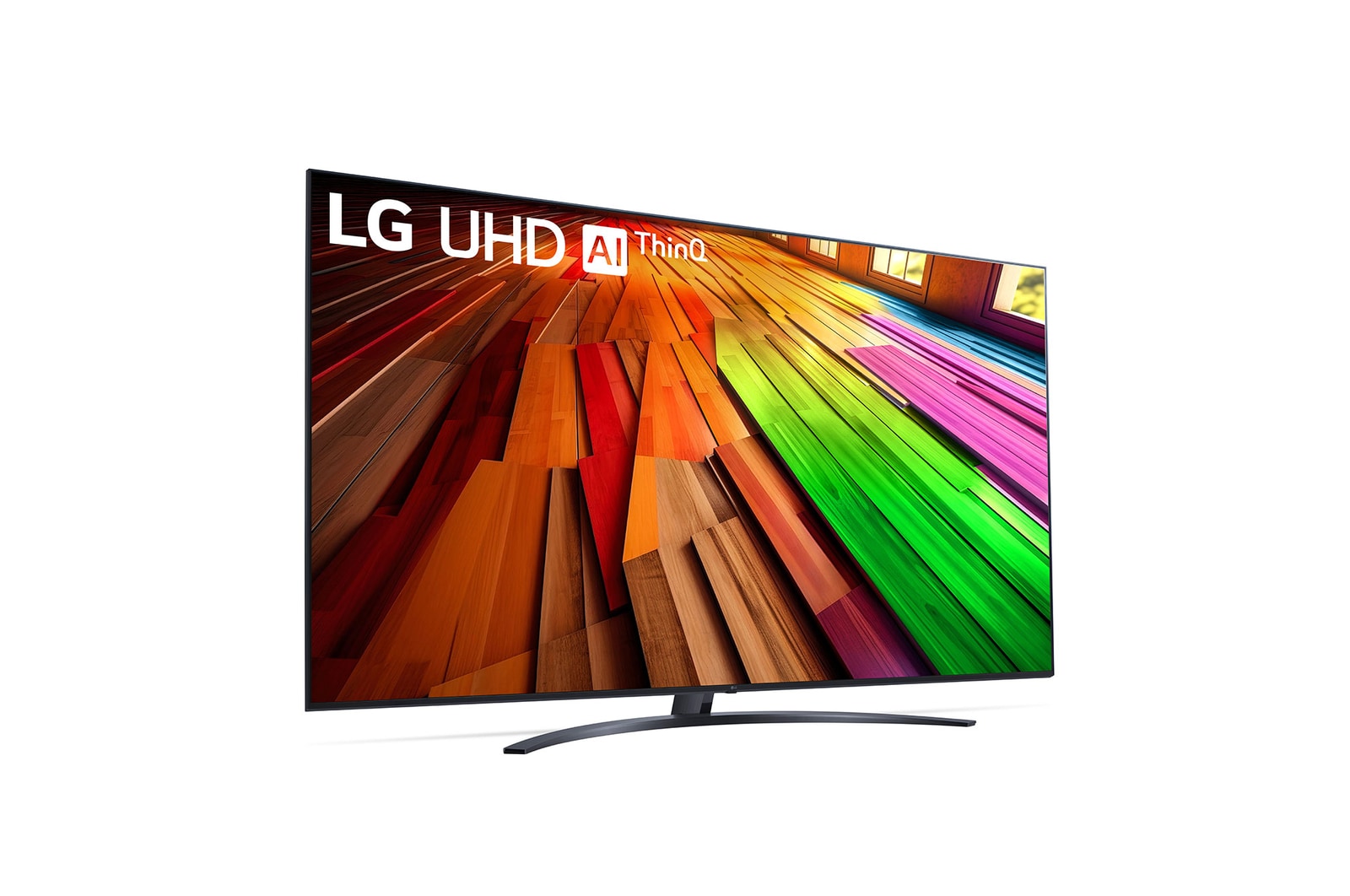 Leicht geneigte, nach links gerichtete Seitenansicht ansicht des LG UHD TV, UT80