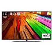 Vorderansicht des LG UHD TV, UT81 mit Text von LG UHD AI ThinQ und 2024 auf dem Bildschirm