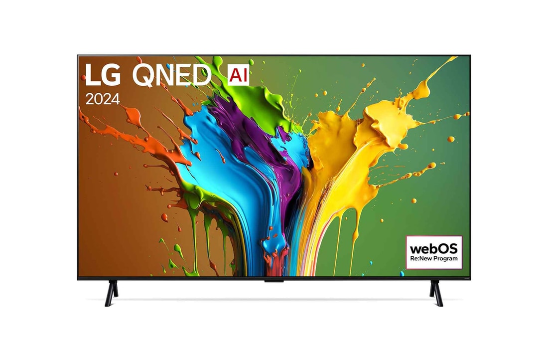 Ansicht der Vorderseite des LG QNED TV, QNED89 mit Text LG QNED und 2024 auf dem Bildschirm