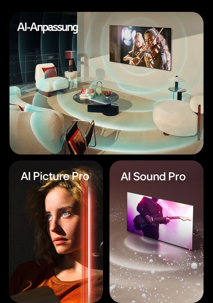 Wir sehen den LG OLED in einem modernen Wohnraum, der eine Musikaufführung auf dem Bildschirm zeigt. Blaue kreisförmige Wellen, die eine Personalisierung darstellen, umgeben den Fernseher und den Raum.  Eine Frau mit durchdringenden blauen Augen und einem orangen Oberteil ist in einem dunklen Raum zu sehen. Rote Linien, die KI-Verfeinerungen darstellen, bedecken teilweise ihre hellen, detaillierten Gesichtszüge, während der Rest des Bildes eher glanzlos wirkt.   Ein LG OLED TV ist zu sehen sowie Schallblasen und -wellen, die vom Bildschirm aus gehen und den Raum füllen.